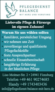 Banner zeigt Kontaktdaten und Leistungsübersicht vom Pflegedienst Balance in Flensburg mit Telefonnummer, Angeboten und häuslicher Pflege