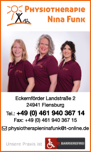 Banner der Physiotherapiepraxis Nina Funk in Flensburg mit Kontaktdaten, Leistungs&uuml;bersicht und Informationen zu moderner physiotherapeutischer Behandlung.