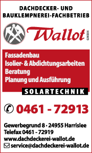 Banner der Wallot GmbH aus Harrislee mit Kontaktdaten sowie Informationen zu Dacharbeiten, Dachfenstern und Sanierungsleistungen.