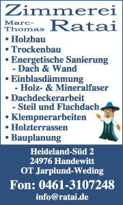Banner der Zimmerei Ratai in Handewitt mit Kontaktdaten sowie Informationen zu Zimmerei, Dacharbeiten, Holzbau und energetischer Sanierung.