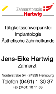 Banner der Zahnarztpraxis Jens-Eike Hartwig in Flensburg mit Kontaktdaten, CEREC&reg; Keramikkronen sofort und modernen zahnmedizinischen Leistungen.