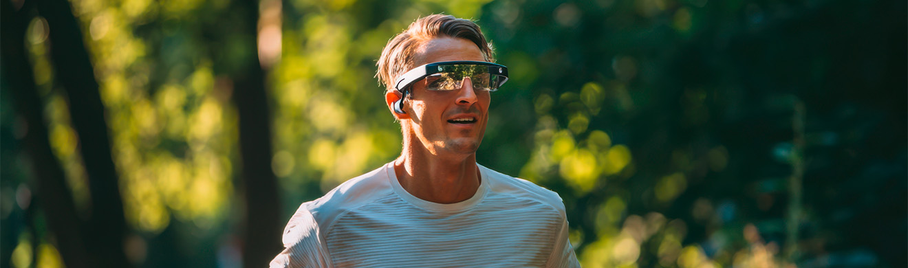 Mann joggt mit Smart Glasses durch einen grünen Park und verfolgt digitale Fitnessdaten während seines morgendlichen Trainings.