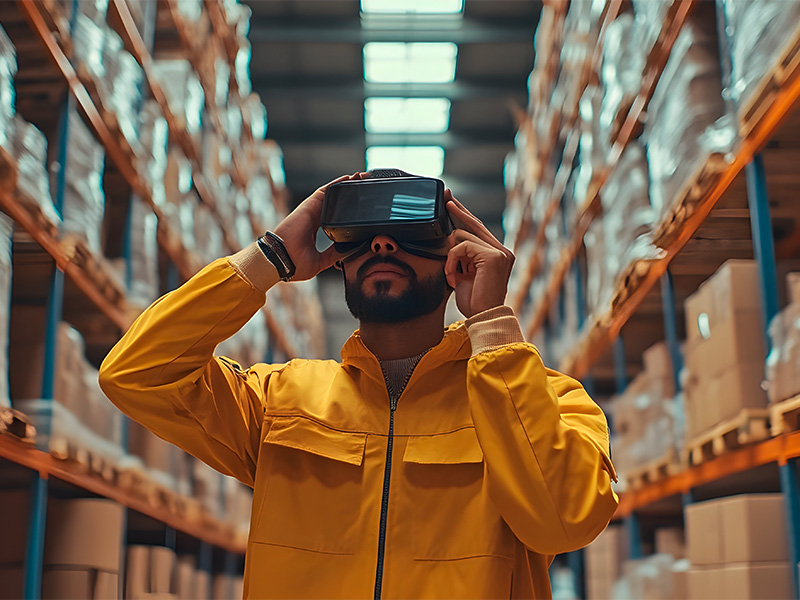 Mitarbeiter nutzt Smart Glasses mit Sehstärke im Lager zur digitalen Inventur und optimierten Arbeitsabläufen in moderner Umgebung.