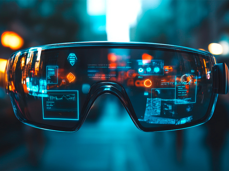 Futuristische smarte Brille in urbaner Umgebung mit modernem Design und innovativer Technologie für digitale Anwendungen im Alltag.