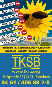 Banner von TKSB Lichtschutz GmbH in Flensburg mit Leistungen rund um Sonnenschutz, Markisen, Rollläden und Kontaktdaten.
