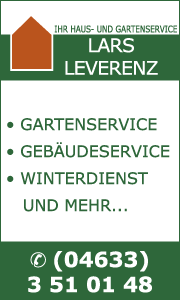 Banner der Firma Lars Leverenz Haus- und Gartenservice in Satrup mit Leistungsübersicht, Kontaktdaten und Informationen zu Gartenpflege, Winterdienst und Hausmeisterservice